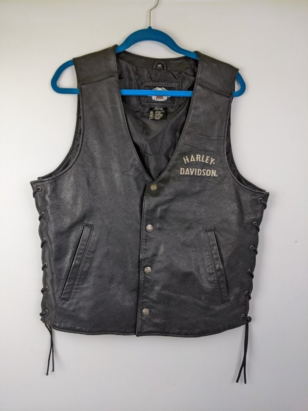 Harley Davidson Motorcycle Biker Black Leather Logo Snaps Side Ties Size Medium